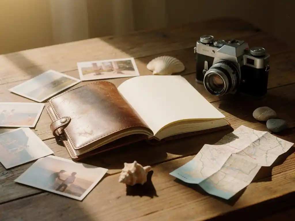 Worn leather travel journal open on a sunlit wooden table with vacation photos, vintage camera, seashell, and folded map in warm golden light.