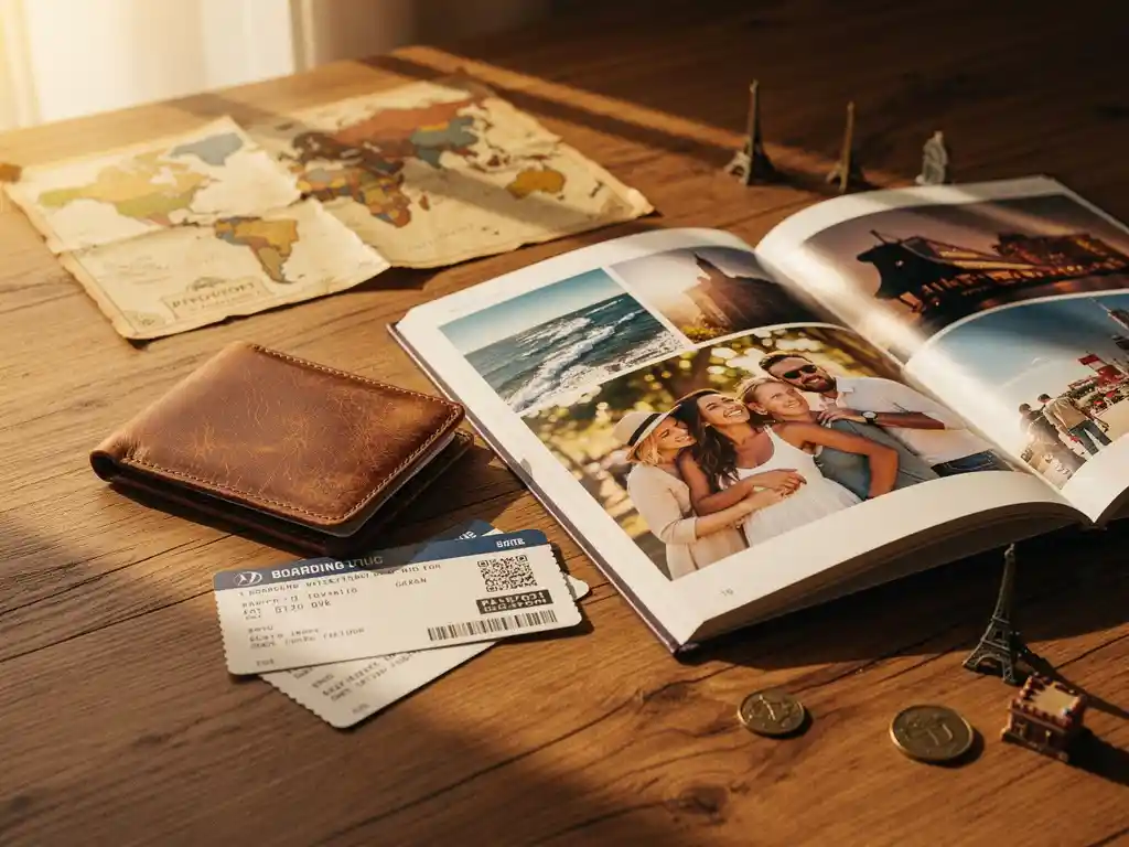 Worn leather passport holder and boarding passes beside an open travel photo book, vintage map, and souvenir trinkets on oak in golden afternoon light.