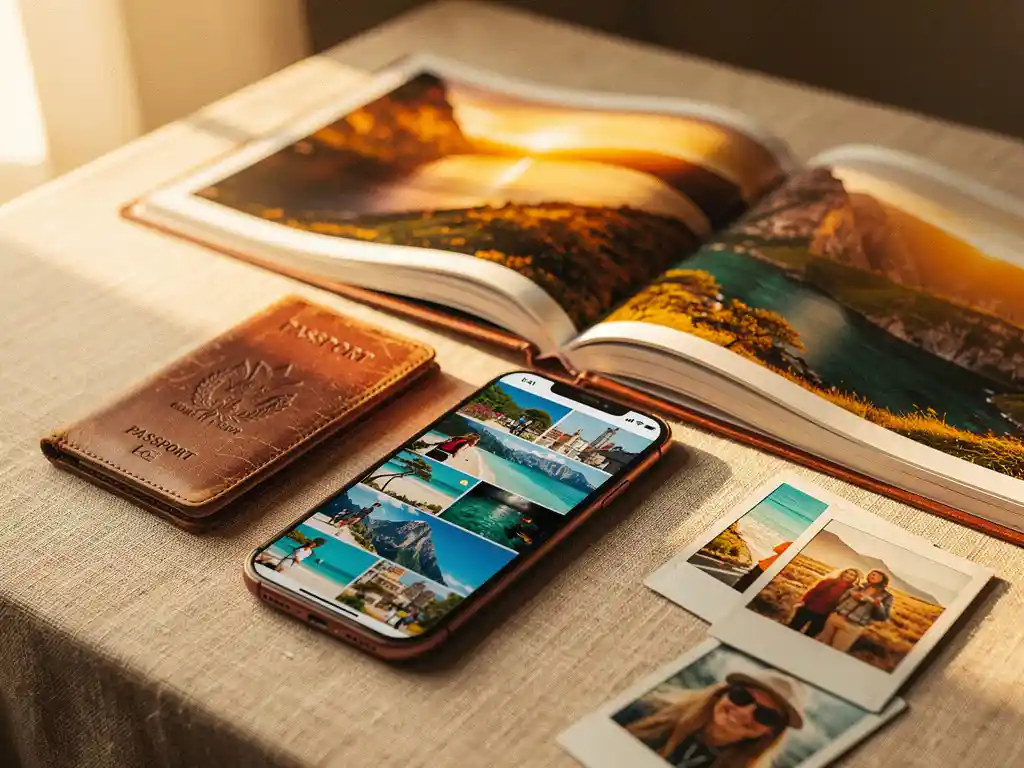 Passeport usé et smartphone à côté d'un livre de photos ouvert montrant des paysages à la lumière dorée, avec des polaroïds éparpillés sur du lin dans une douce lumière d'après-midi.
