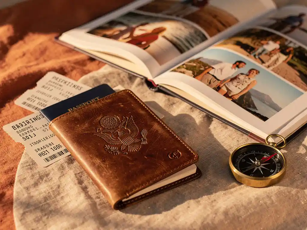 Worn leather passport wallet and open travel photo book beside a vintage compass and boarding passes on linen, bathed in golden-hour light.