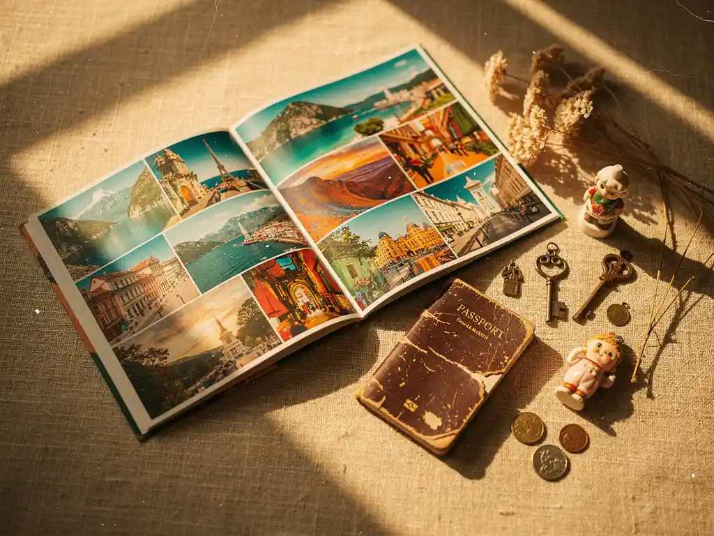 Open photo book with vibrant travel pages beside a worn passport, souvenir trinkets, and dried pressed flowers in warm golden afternoon light.