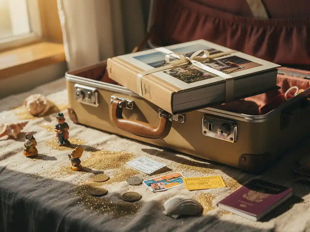 Wrapped photobook resting on an open suitcase with seashells, a passport, and golden sand in warm amber and terracotta tones.