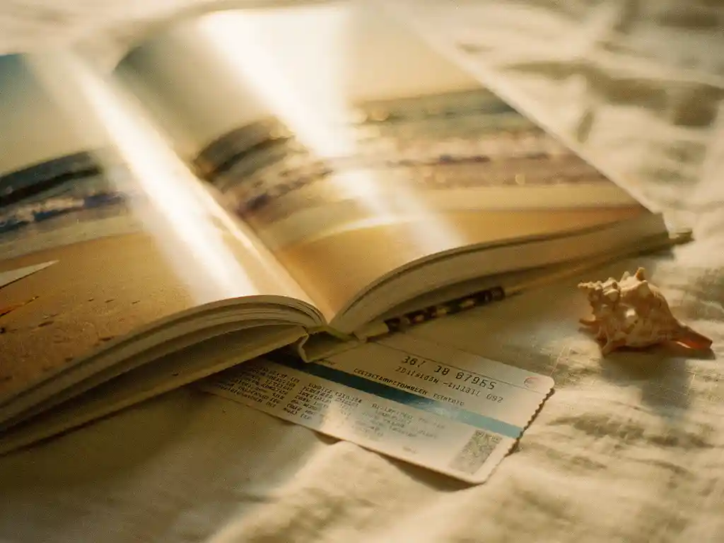 Open photo book with sun-drenched vacation photos beside a seashell and boarding pass on linen, bathed in warm golden light.