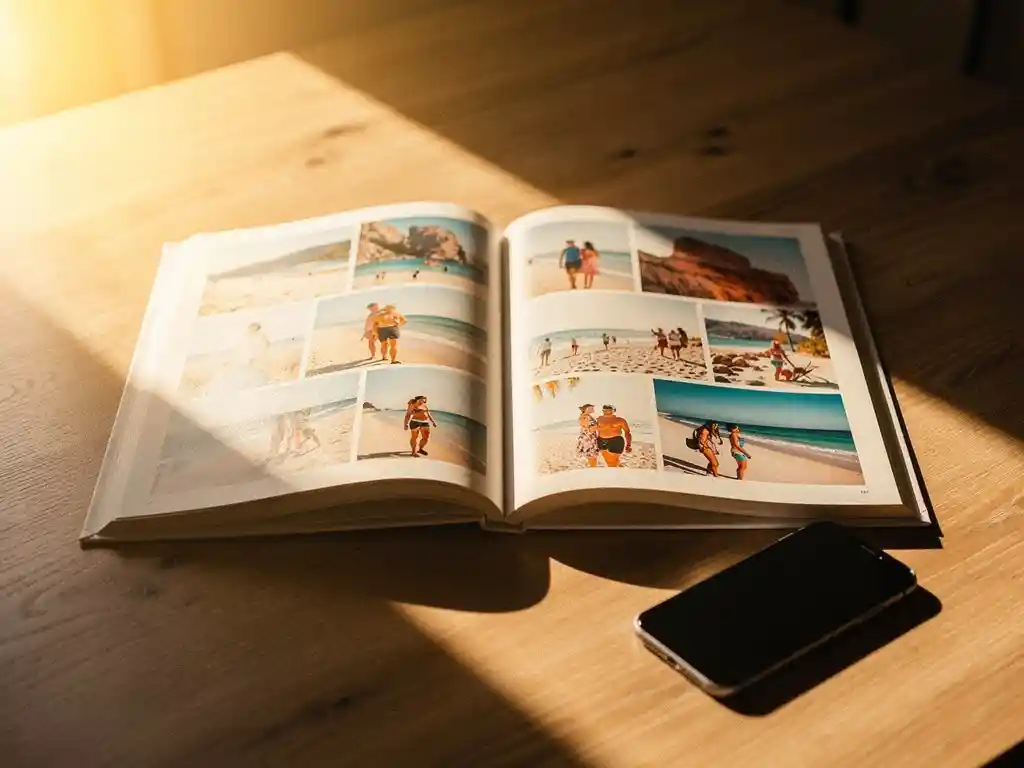 Open photo book with beach and landscape vacation snapshots on a sunlit wooden table, smartphone beside it, warm golden afternoon light.