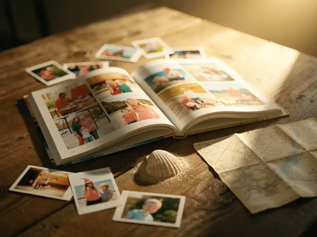 Offenes Fotobuch auf einem sonnenbeschienenen Holztisch mit Urlaubsfotos, einer Muschel und einer gefalteten Karte im warmen Bernsteinlicht.