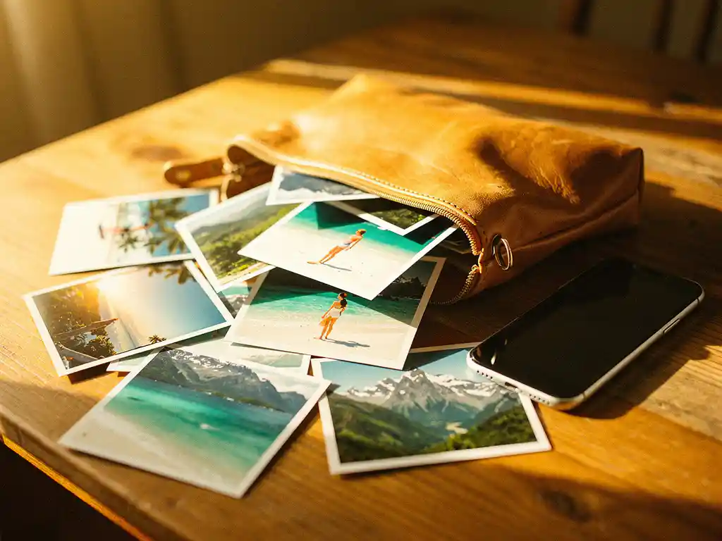 Photos de vacances imprimées et pochette de voyage en cuir bronzé sur une table en bois ensoleillée, avec des instantanés de plage et de montagne et un smartphone à proximité.