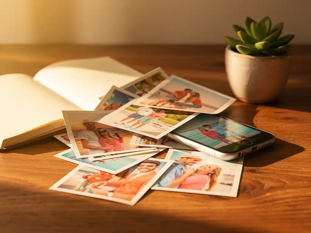 Foto di vacanze stampate e colorate che fuoriescono da uno smartphone su una scrivania di legno accanto a un diario di viaggio e a una piccola succulenta, illuminate dalla calda luce del pomeriggio.