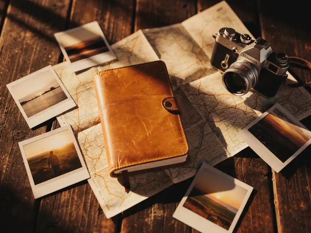 Worn leather travel journal, vintage camera, and Polaroid landscape photos arranged on a rustic wooden surface over a paper map in warm golden light.