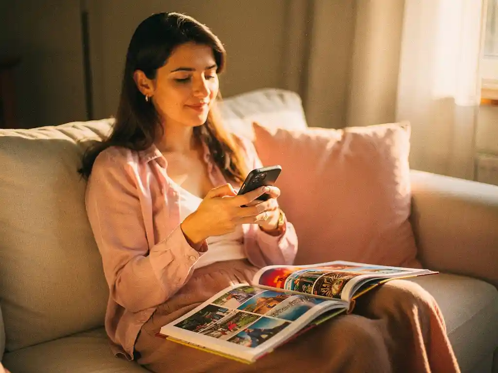 Vrouw ontspant op een bank met een smartphone, terwijl ze door een gedrukt reis fotoboek bladert in warm middaglicht.