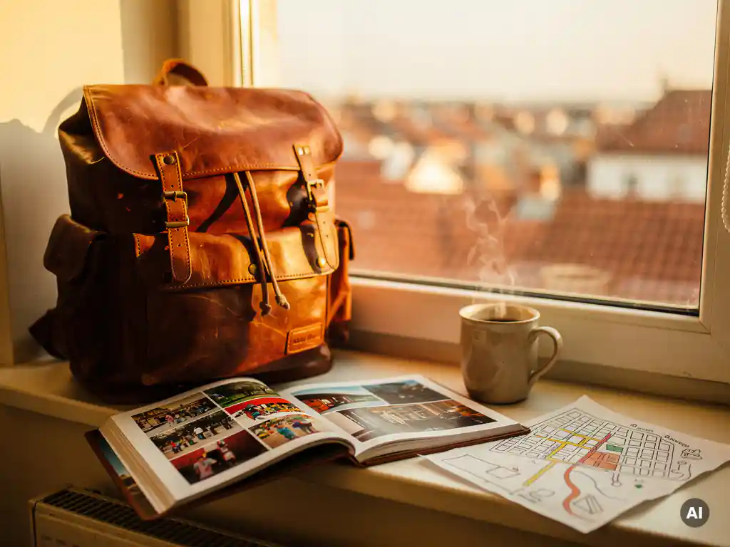 Worn leather backpack on a sunny windowsill with rooftop views, beside an open photo book, hand-drawn map, and steaming coffee mug.
