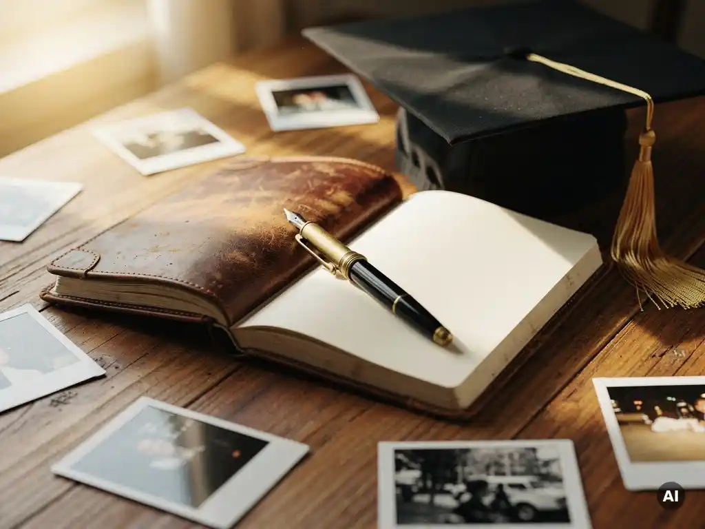 Worn leather journal open to a blank page with a fountain pen, Polaroid photos, and mortarboard cap scattered on a sunlit wooden desk.
