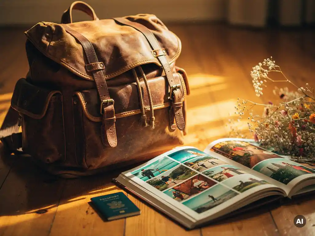 Worn leather travel backpack on sunlit wooden floor beside an open photo book with travel snapshots, passport, and dried flowers in warm golden-hour light.