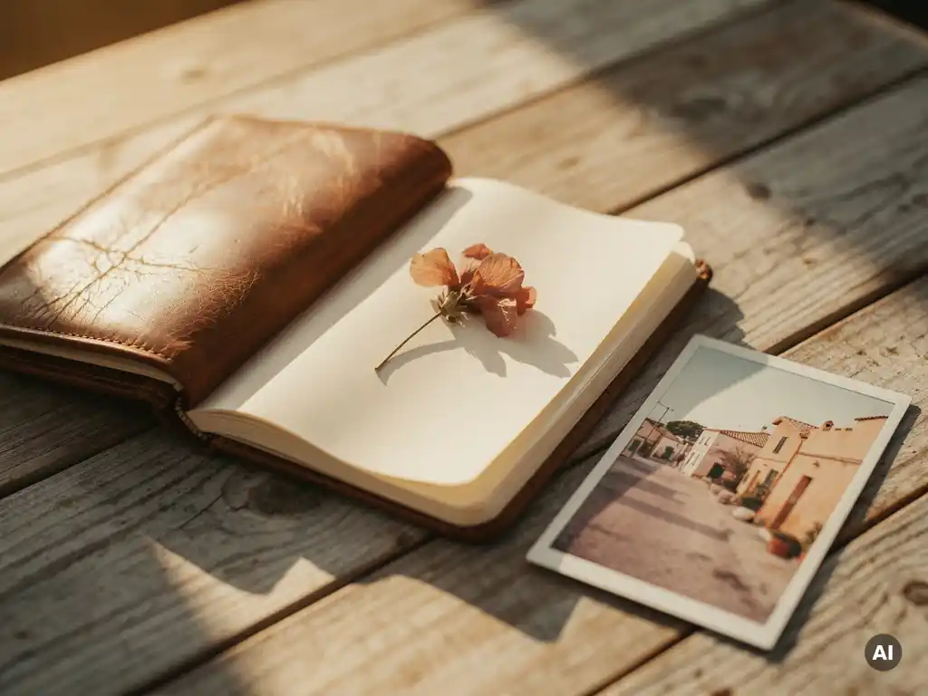 Worn leather travel journal open beside a coastal village photograph, dried flower pressed between pages, golden afternoon light on bleached wood.