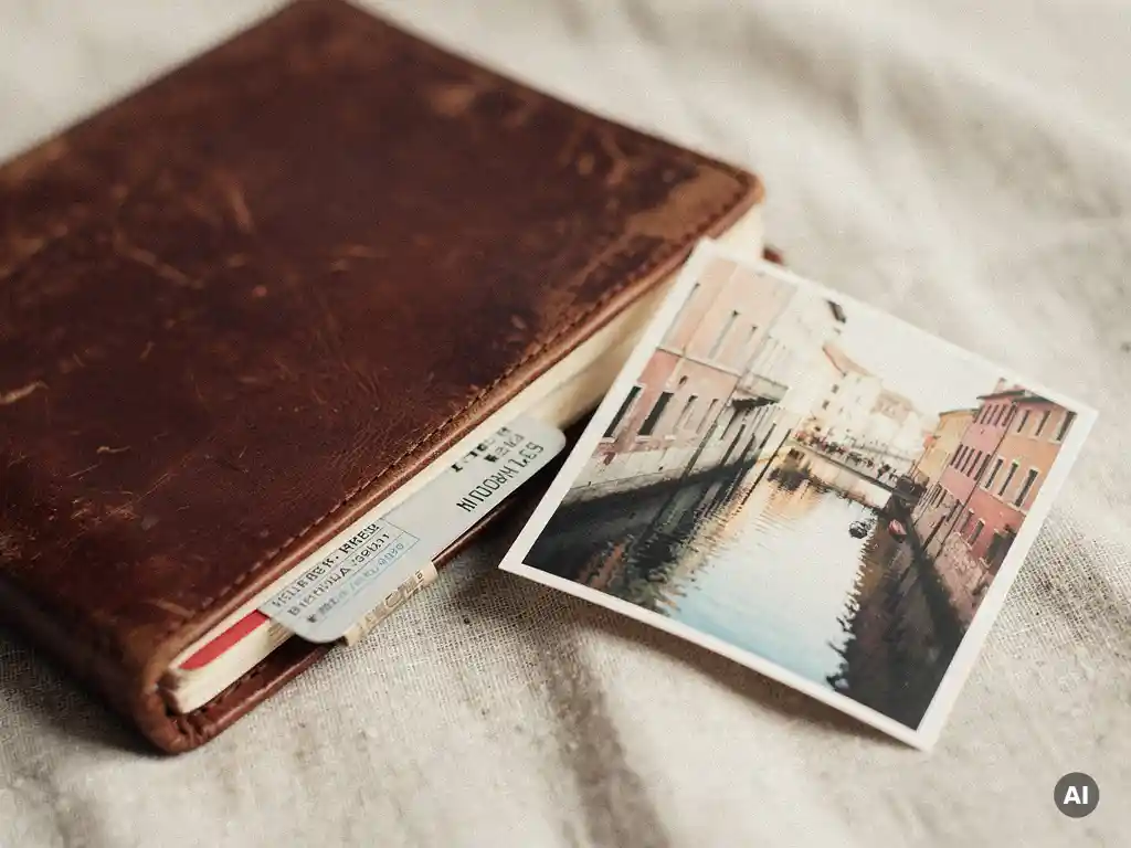 Worn leather travel journal open to a boarding pass and faded photo of a sunlit European canal on a linen surface.