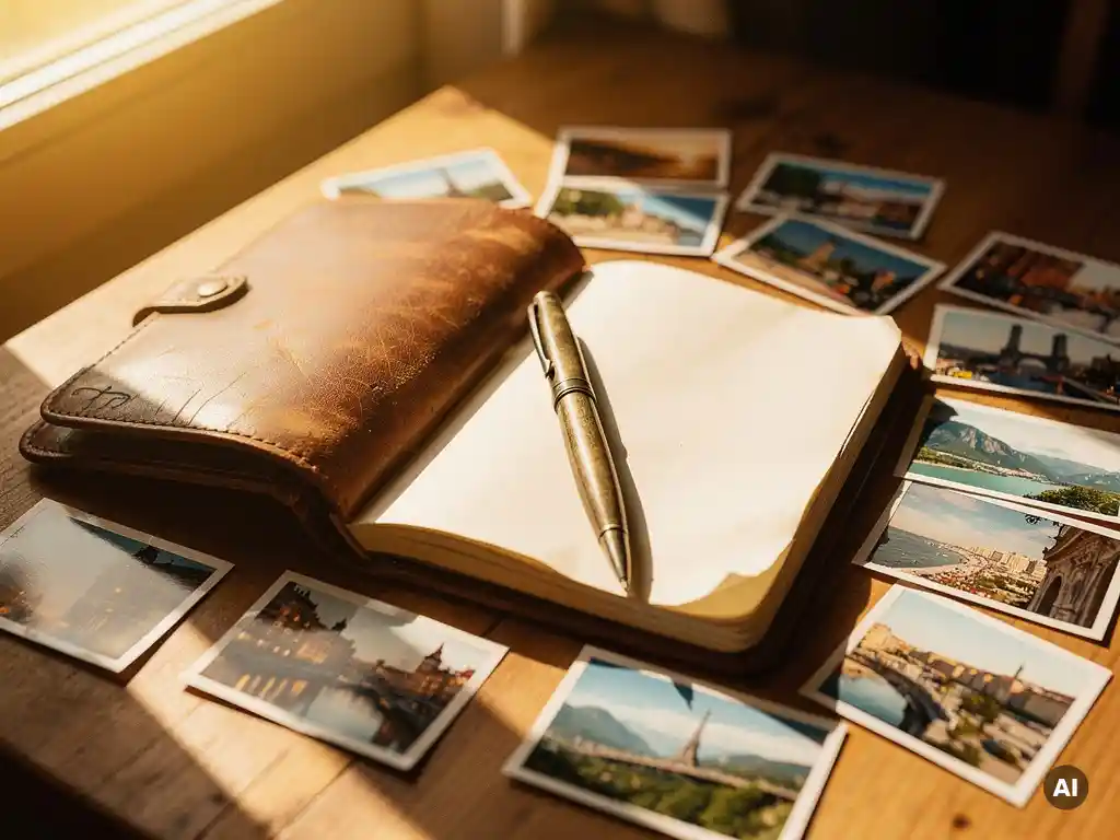 Worn leather travel journal open on a sunlit wooden table with scattered trip photos and a vintage pen, bathed in warm golden afternoon light.