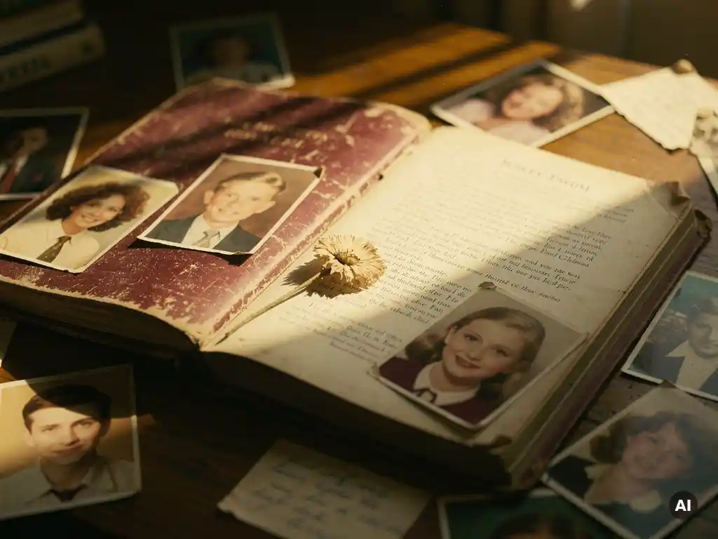 Open yearbook on a sunlit wooden desk surrounded by printed photos, a dried pressed flower, and handwritten notes in warm amber afternoon light.