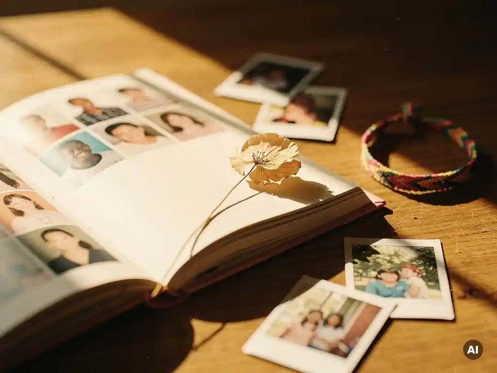 Open school yearbook on a sunlit wooden desk with polaroid photos, a dried pressed flower, and a friendship bracelet in warm amber light.
