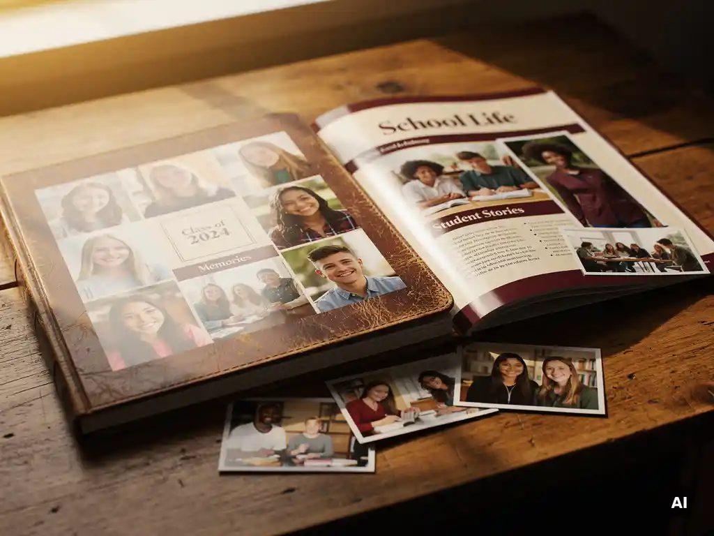 Worn leather-bound yearbook and glossy school magazine open side by side on a sunlit wooden desk, candid photos scattered between them.