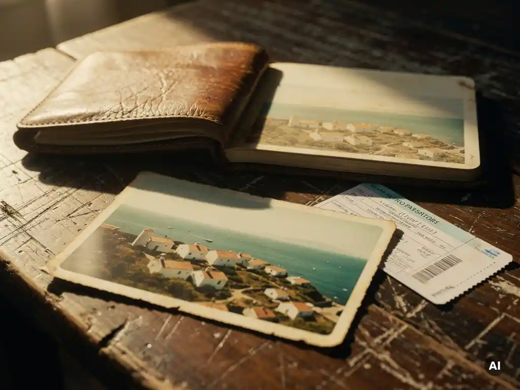 Worn leather travel journal open beside a faded coastal village photo, fresh passport and plane ticket on a weathered wooden surface in warm afternoon light.