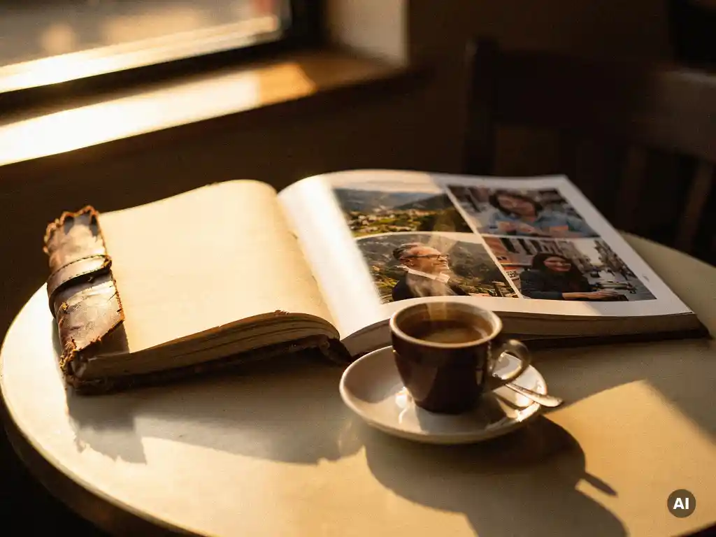 Worn leather travel journal beside an open photo book with candid travel snapshots on a sunlit café table, espresso cup nearby, warm golden light.