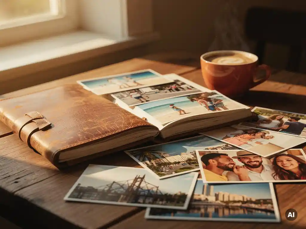Worn leather travel journal and open photo book on a sunlit wooden table, vacation photos spilling out beside a steaming coffee cup.