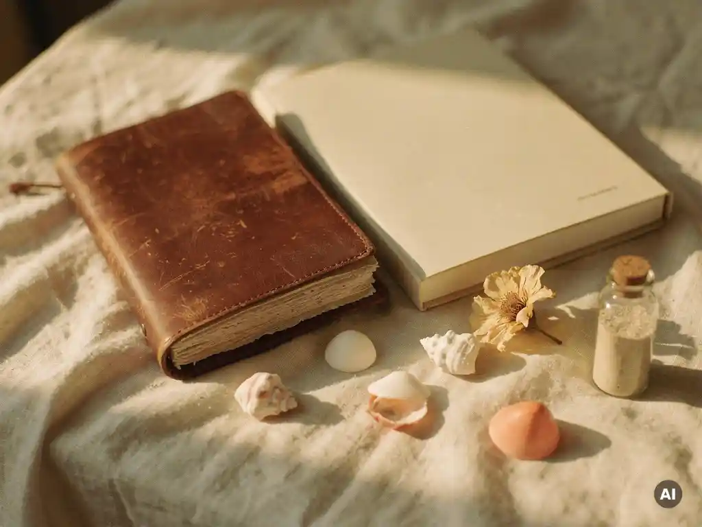 Worn leather travel journal open beside a photo book on linen, surrounded by seashells, a dried flower, and a sand vial in warm golden light.