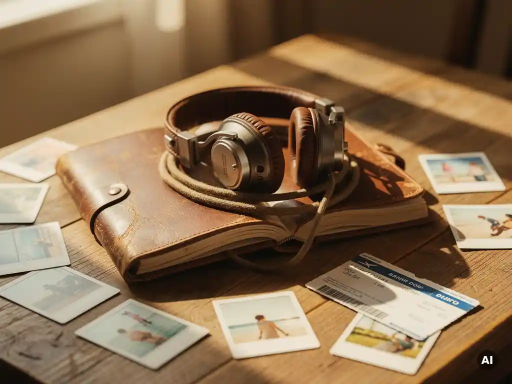 Worn leather travel journal open on a sunlit wooden table with vintage headphones, polaroid photos, and a boarding pass in warm golden light.