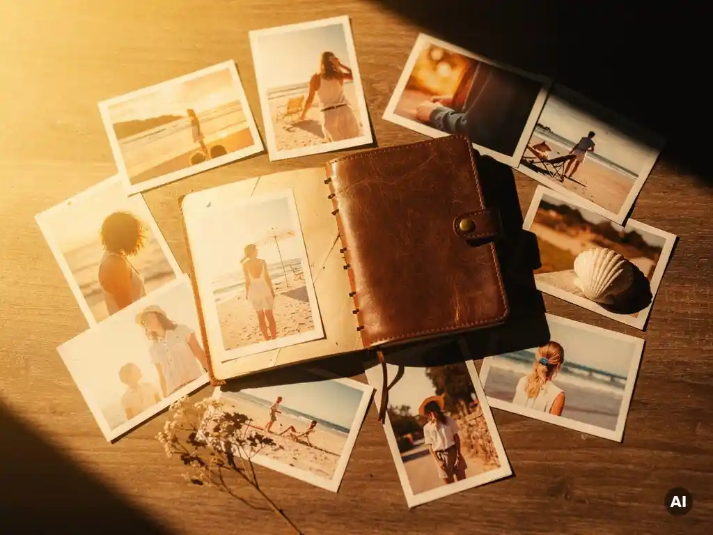 Worn leather travel journal open beside sun-faded holiday photos, seashell, and dried flower on warm wood in golden afternoon light.