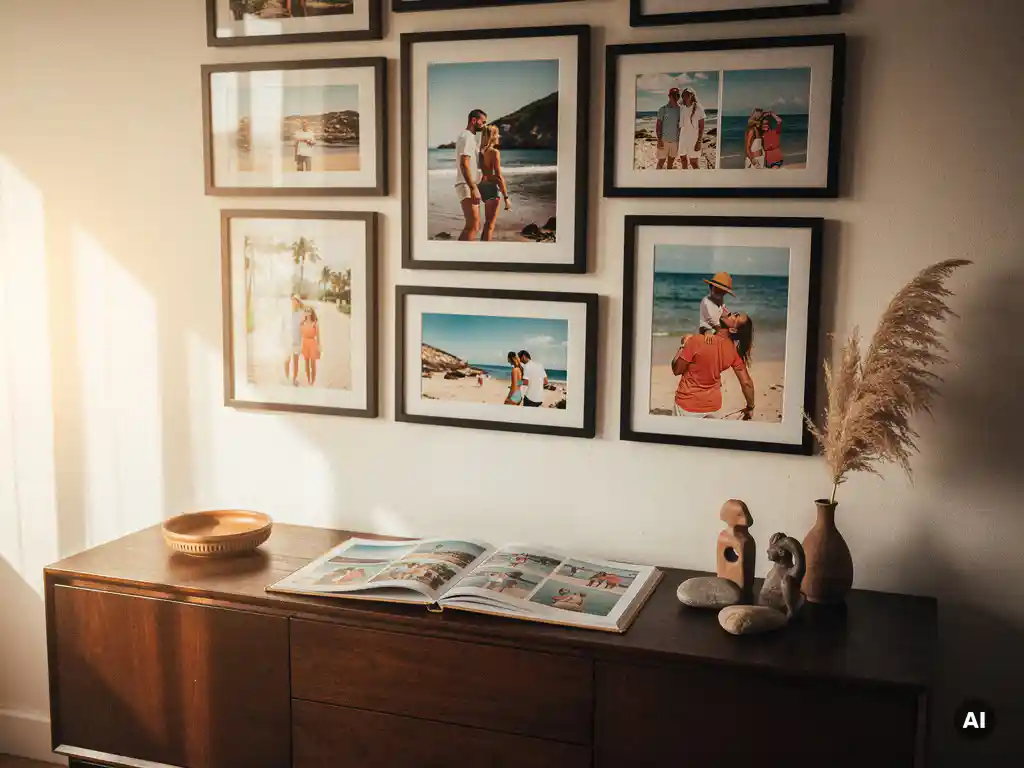 Gallery wall of framed travel photos above a walnut sideboard, with an open photobook, small souvenirs, and pampas grass in warm afternoon light.
