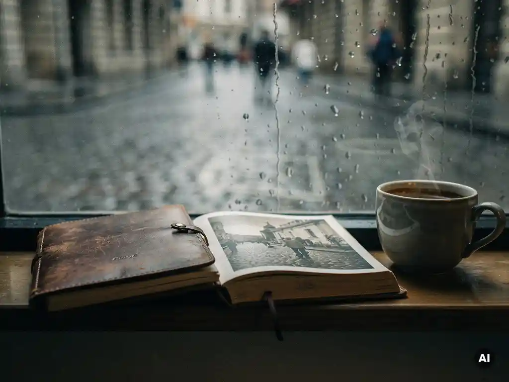 Weathered travel journal and faded photo book open on a rain-streaked café windowsill, cobblestone street blurred beyond the glass, half-drunk coffee nearby.