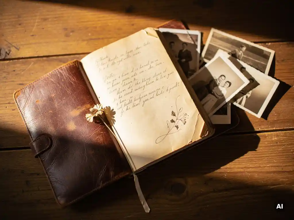 Worn leather yearbook open on a sunlit wooden table with loose photographs, a pressed flower bookmark, and faded handwritten notes in warm golden light.