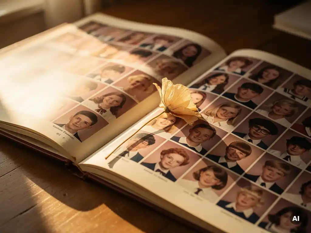 Vintage yearbook open on a sunlit wooden desk, dried flower pressed between portrait-filled pages, warm golden afternoon light, cream and navy tones.