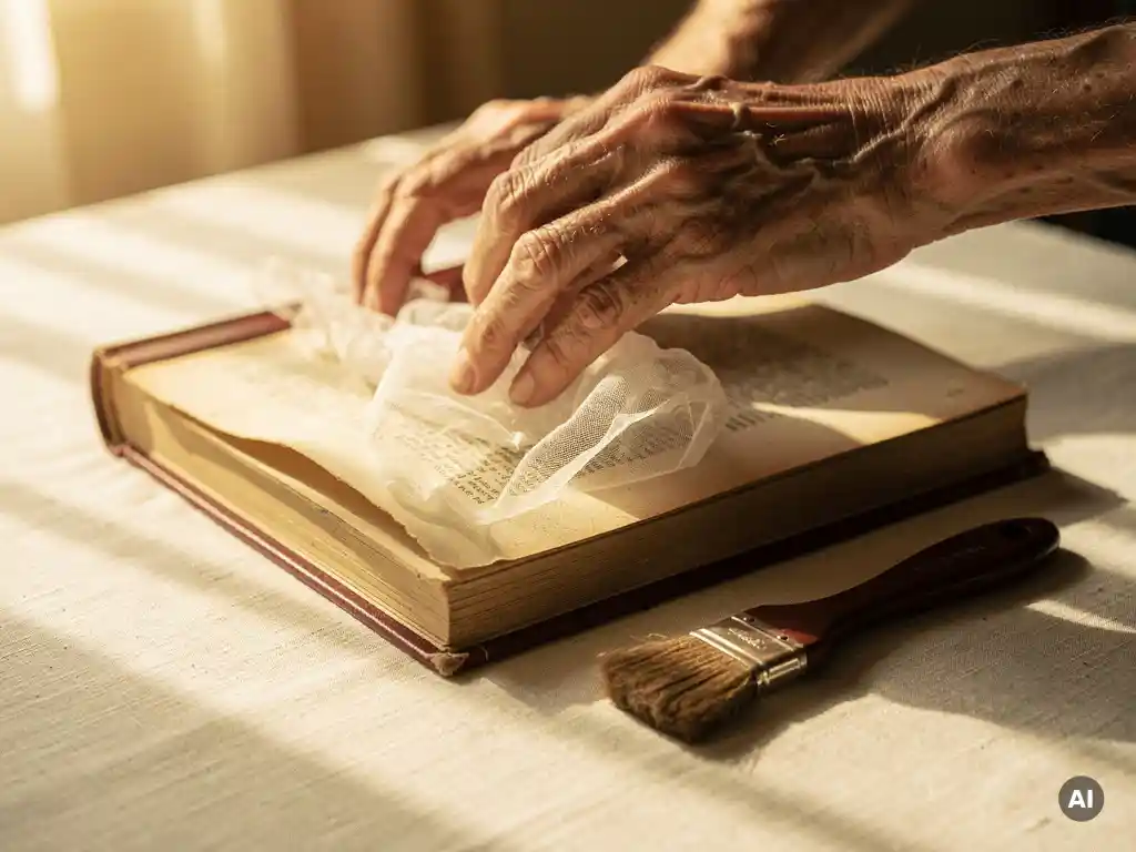 Weathered hands carefully opening a fragile vintage yearbook on linen, with a preservation brush and tissue paper nearby in warm golden light.