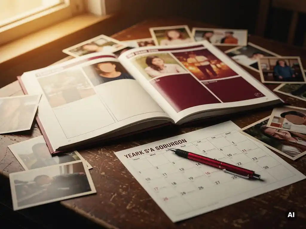 Half-finished yearbook open on a wooden desk beside scattered photos and a red pen on a circled calendar, bathed in warm afternoon light.