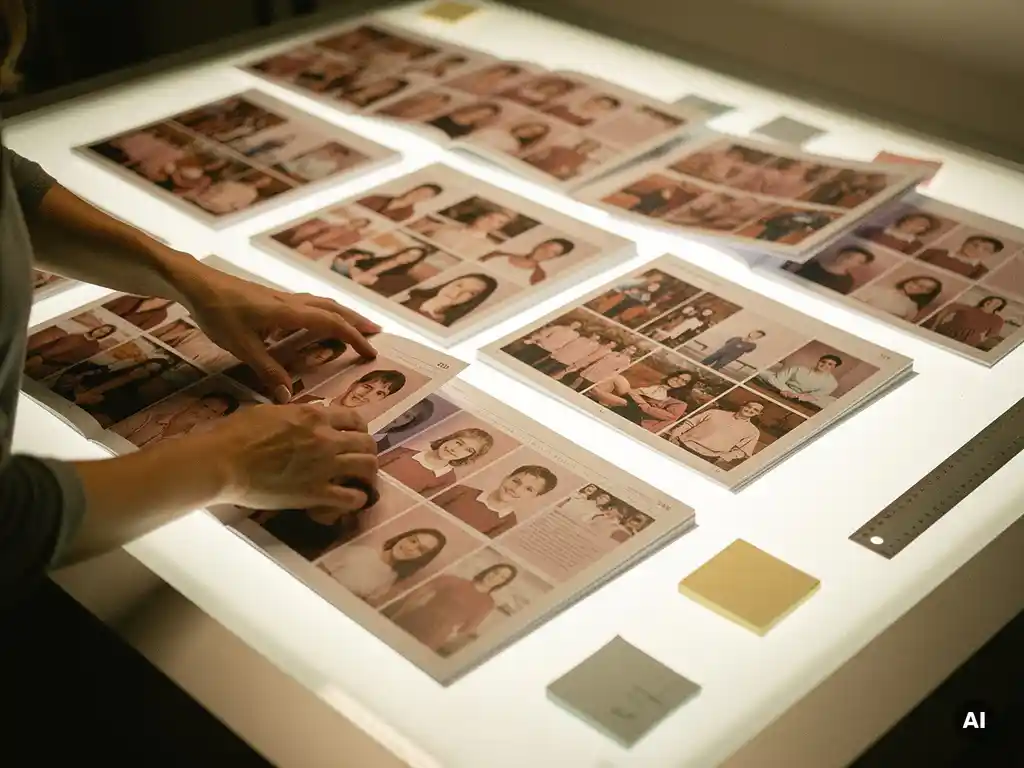 Yearbook editor arranging printed photo spreads and layout grids on a light table, with sticky notes and ruler nearby, warm cream and dusty rose tones.