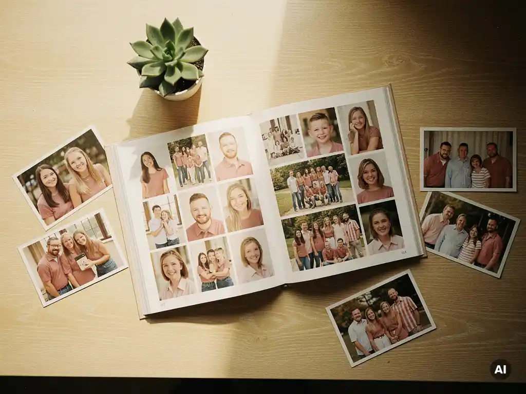 Open yearbook on light oak desk with portrait and candid photos, loose prints scattered nearby, small succulent, warm natural light.