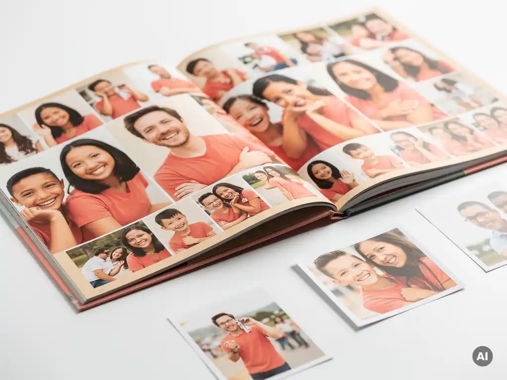 Two open yearbooks side by side on a white surface, one with glossy pages and one with matte finish, surrounded by loose candid photo prints.