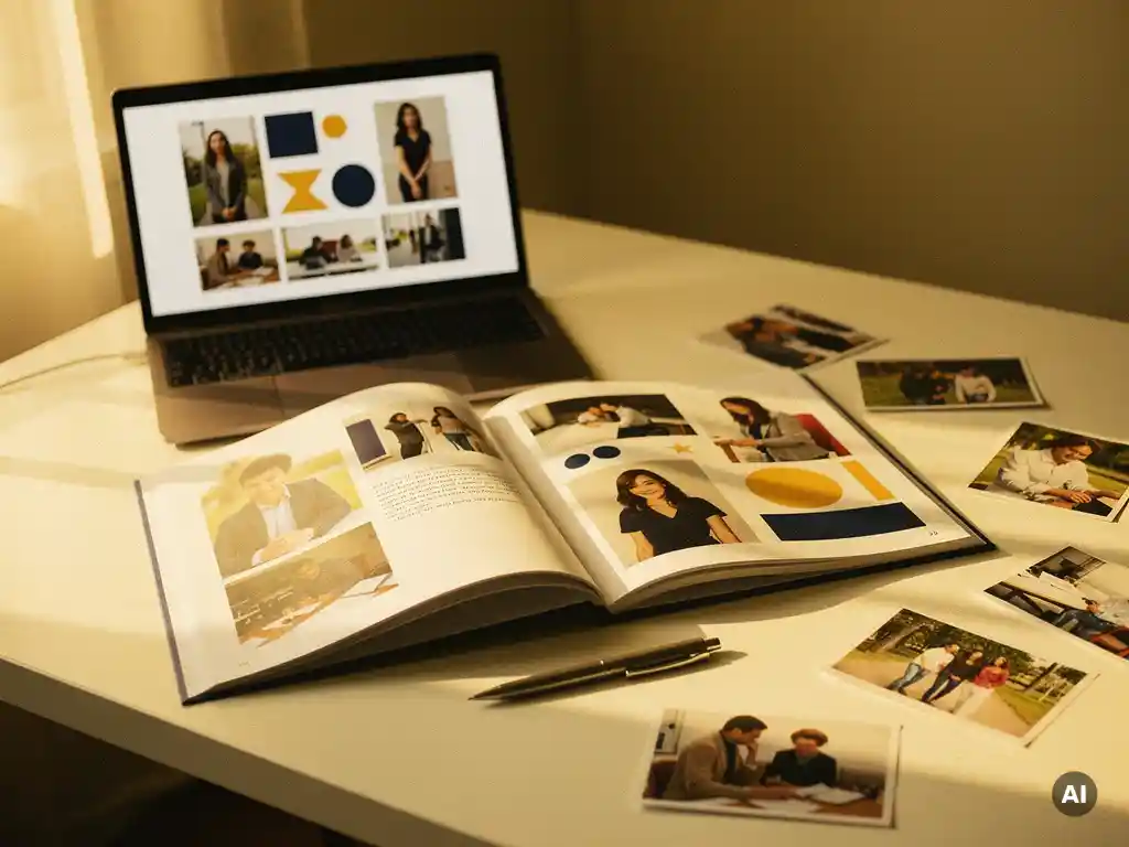 Open yearbook and laptop displaying photo book layout on white desk, with scattered printed photos, pen, and warm golden side lighting.