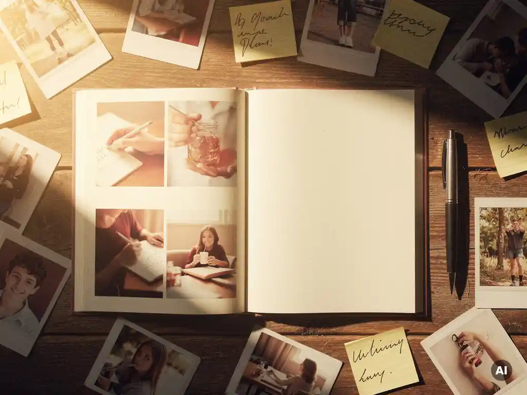 Open yearbook on a wooden desk with a ballpoint pen, polaroid prints, and handwritten sticky notes in warm amber and cream tones.