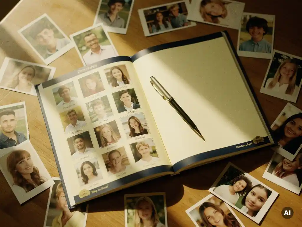Open yearbook on a sunlit wooden desk surrounded by loose photographs and a fine-tip pen, warm afternoon light casting soft shadows.