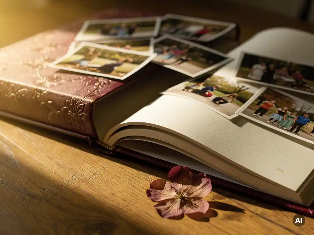Open yearbook with embossed floral hardcover on oak desk, surrounded by loose photos and a dried pressed flower in warm golden afternoon light.