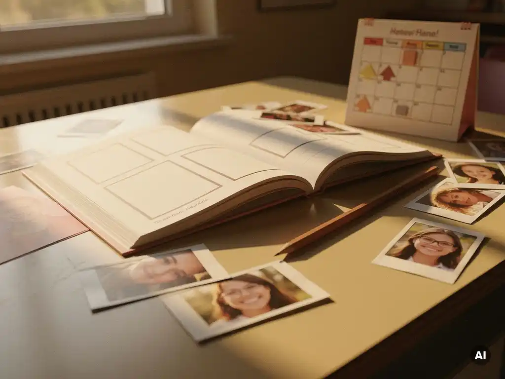 Open yearbook on a sunlit school desk with scattered Polaroid prints, pencil, and autumn calendar in warm amber afternoon light.