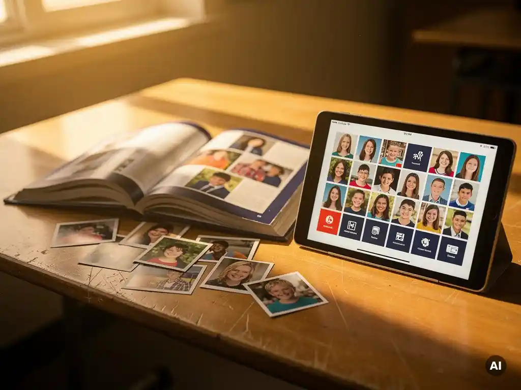 Worn printed yearbook open on a school desk beside a tablet displaying a digital photo grid, warm afternoon light highlighting candid student photos.
