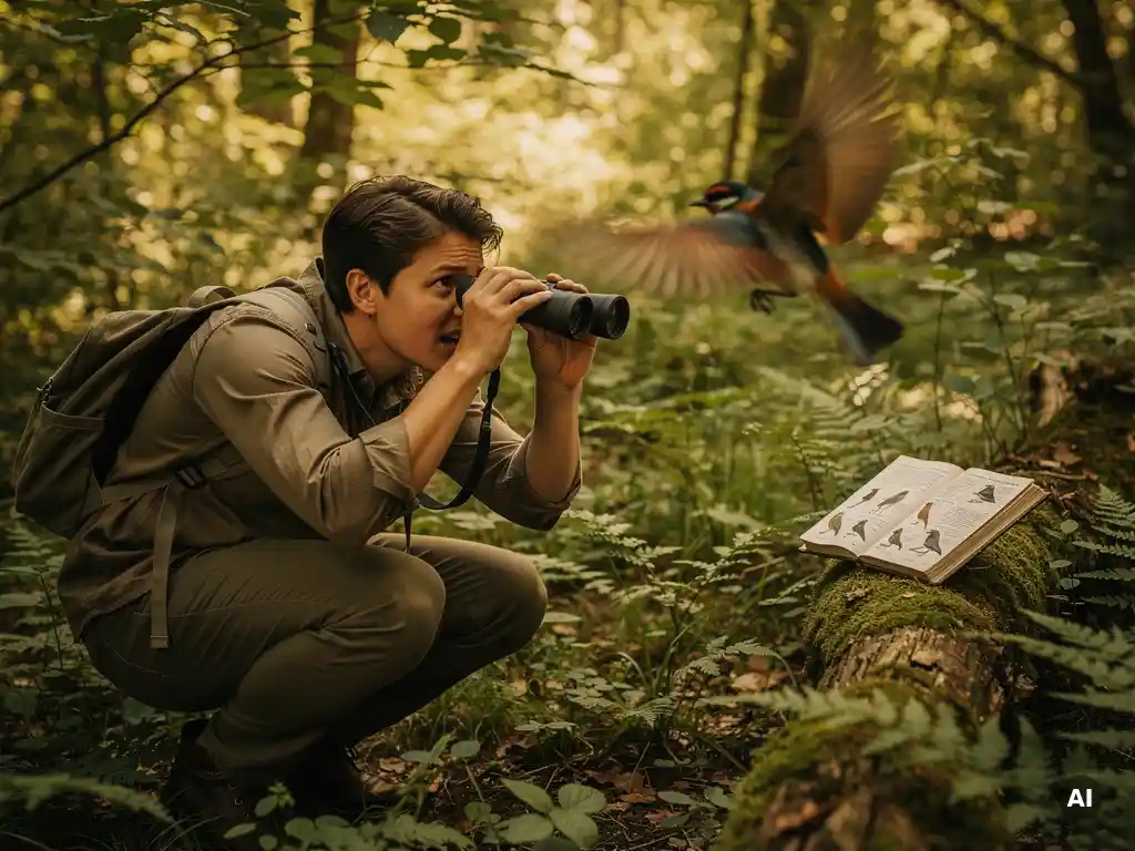 Beginner birdwatcher crouching in forest undergrowth, binoculars raised as a colorful bird takes flight, open field guide resting on mossy log nearby.