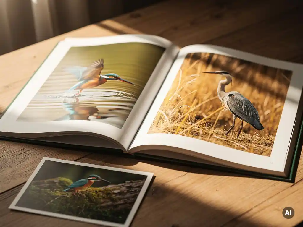 Open bird photography book on a sunlit wooden table showing a kingfisher mid-dive and heron in golden reeds, with a loose print beside it.