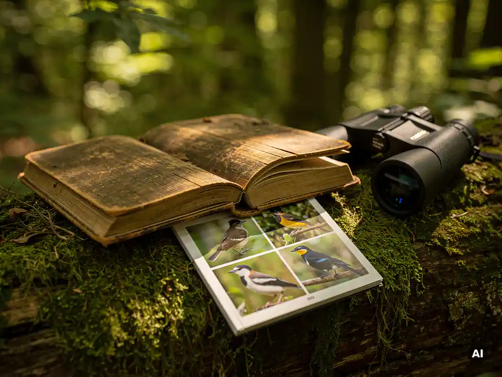 Weathered bird field guide open on a moss-covered log beside entry-level binoculars, dappled forest light filtering through green canopy.