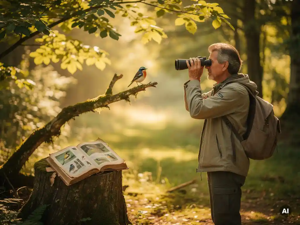 Birdwatcher raising binoculars toward a colorful bird on a mossy branch in a sunlit forest clearing, field guide open on a nearby stump.