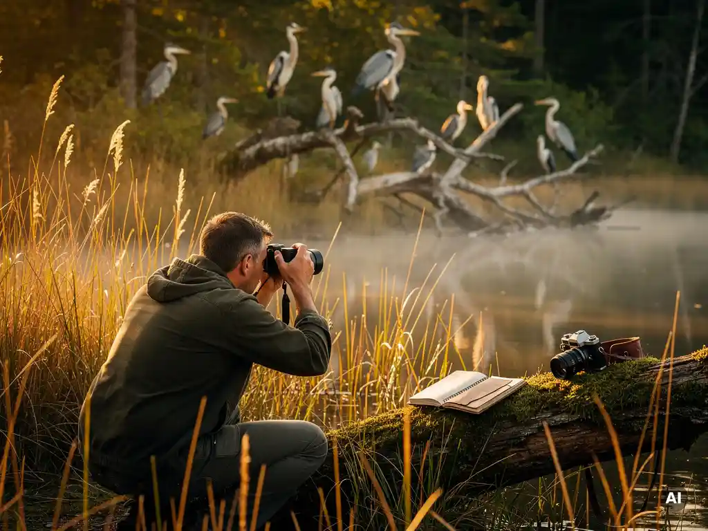 Birdwatcher crouching in golden marsh reeds, binoculars raised toward herons perched in wetland canopy, field journal and vintage camera on mossy log nearby.