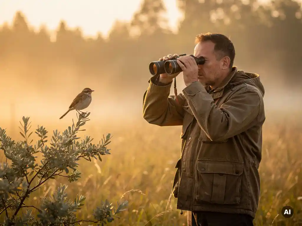Birdwatcher in misty dawn meadow raising binoculars toward a small bird perched on a branch, warm amber fog and sage grass.