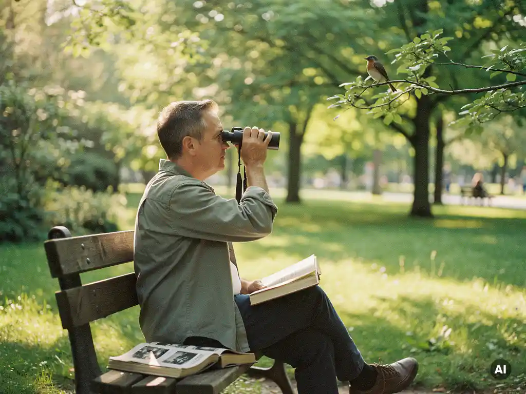 Birdwatcher on a sunlit park bench raising binoculars toward a songbird on a branch, open field guide resting beside them.
